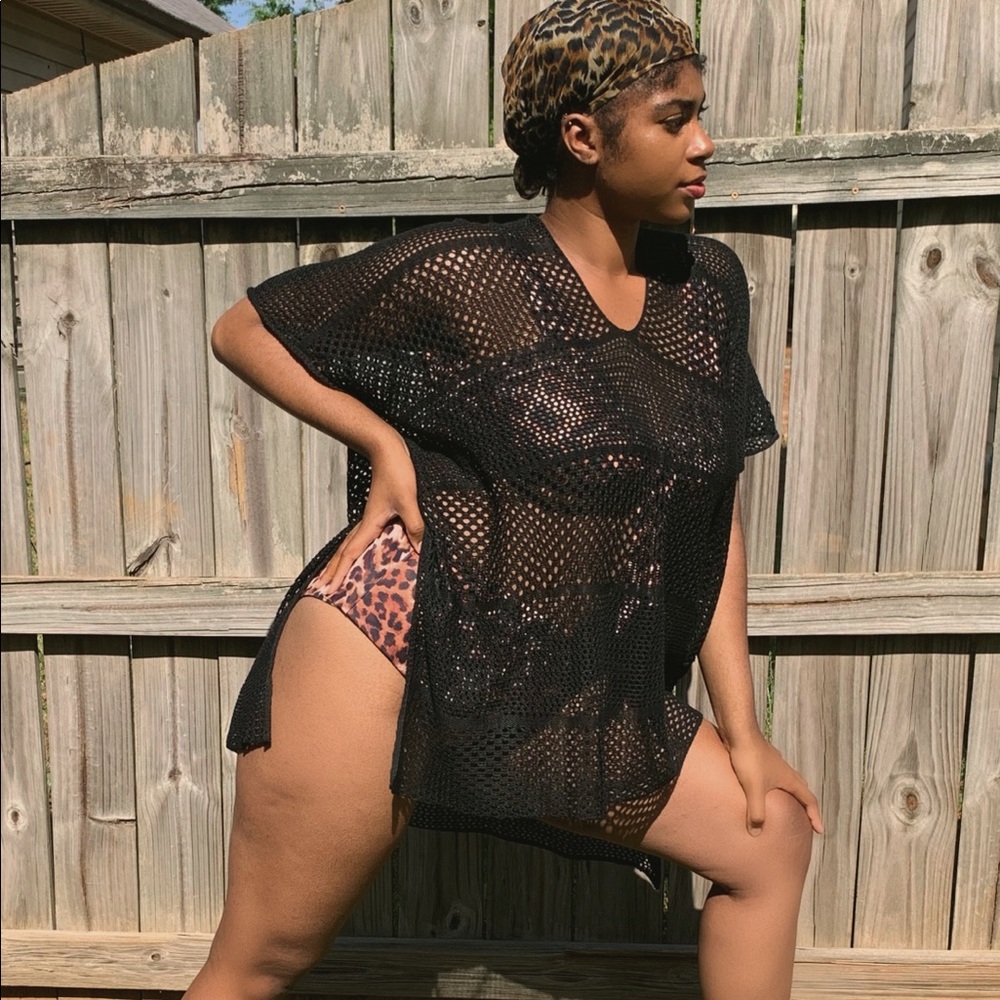 Short Sleeve Black Fishnet Swimsuit Coverup - Picture 3 of 4